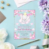 水彩可愛い象とピンクローズ誕生日 アクリル招待状 (インサイチュ (ウェディング))