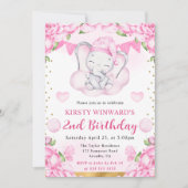 水彩可愛い象とピンクローズ誕生日 招待状 (正面)