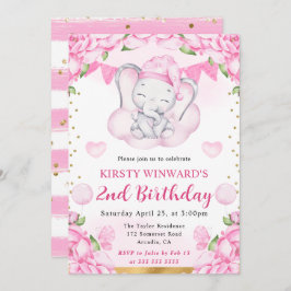 水彩可愛い象とピンクローズ誕生日 招待状