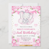 水彩可愛い象とピンクローズ誕生日 招待状 (正面)