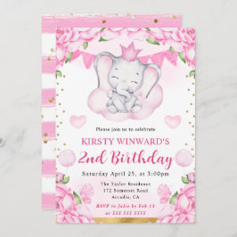 水彩可愛い象とピンクローズ誕生日 招待状