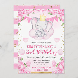 水彩可愛い象とピンクローズ誕生日 招待状