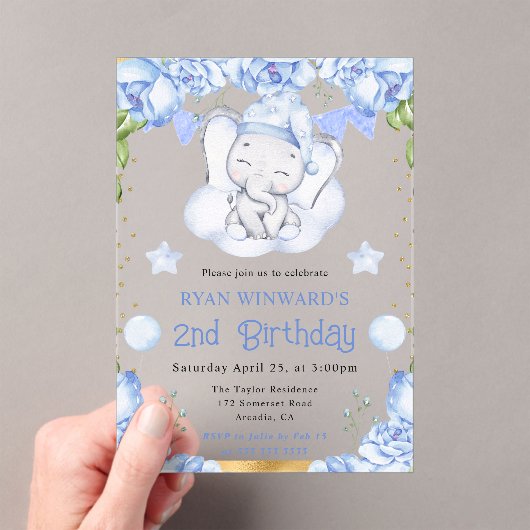 水彩可愛い象と青いバラ誕生日 アクリル招待状 (インサイチュ (ポータブル))
