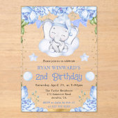 水彩可愛い象と青いバラ誕生日 アクリル招待状 (正面)