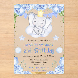 水彩可愛い象と青いバラ誕生日 アクリル招待状
