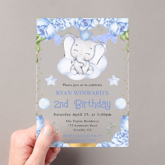 水彩可愛い象と青いバラ誕生日 アクリル招待状 (インサイチュ (ポータブル))