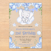 水彩可愛い象と青いバラ誕生日 アクリル招待状 (正面)