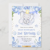 水彩可愛い象と青いバラ誕生日 招待状 (正面)