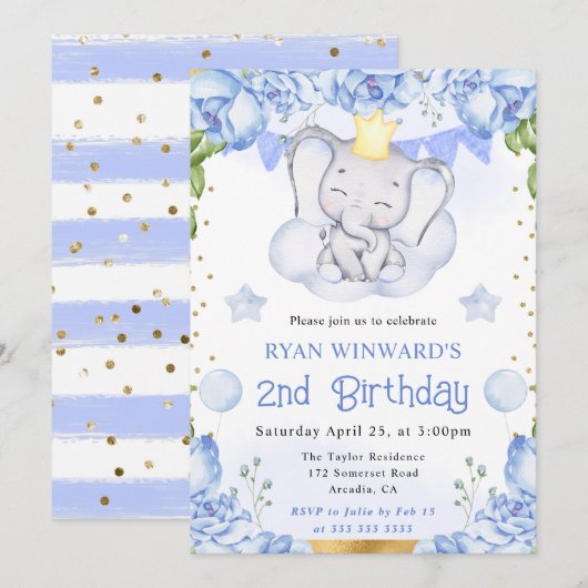 水彩可愛い象と青いバラ誕生日 招待状 (正面/裏面)