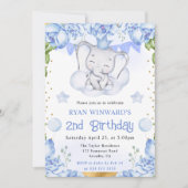 水彩可愛い象と青いバラ誕生日 招待状 (正面)