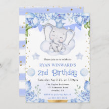 水彩可愛い象と青いバラ誕生日