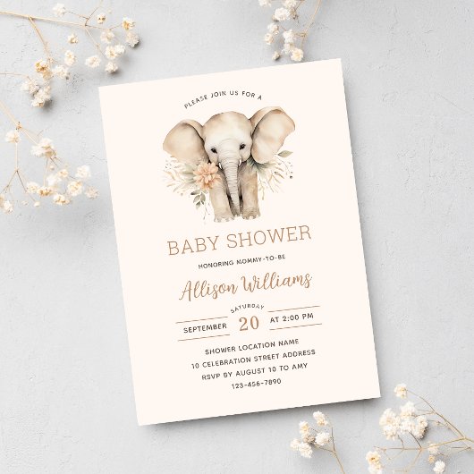 水彩可愛い象のフローラ女の子ベビーシャワー 招待状