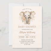 水彩可愛い象のフローラ女の子ベビーシャワー 招待状 (正面)