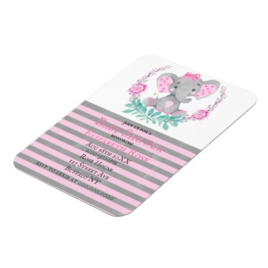 水彩可愛い象の女の子ベビーシャワー招待状 マグネット (左側)