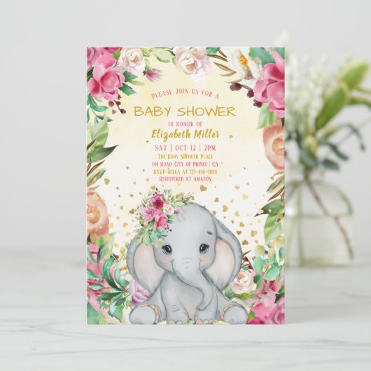 水彩可愛い象ピンクの花赤ちゃんシャワー 招待状 (スタンド正面)