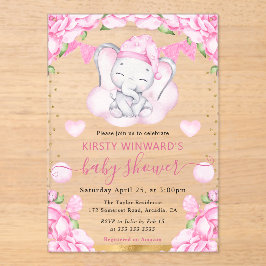 水彩可愛い象&ピンクローゼベビーシャワー アクリル招待状