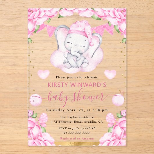 水彩可愛い象&ピンクローゼベビーシャワー アクリル招待状 (正面)