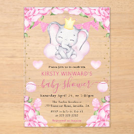 水彩可愛い象&ピンクローゼベビーシャワー アクリル招待状