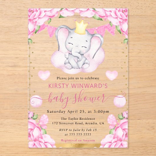 水彩可愛い象&ピンクローゼベビーシャワー アクリル招待状 (正面)