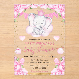 水彩可愛い象&ピンクローゼベビーシャワー アクリル招待状