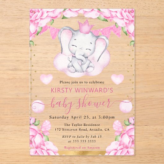水彩可愛い象&ピンクローゼベビーシャワー アクリル招待状 (正面)