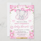 水彩可愛い象&ピンクローゼベビーシャワー 招待状 (正面)