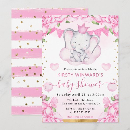 水彩可愛い象&ピンクローゼベビーシャワー 招待状 (正面/裏面)