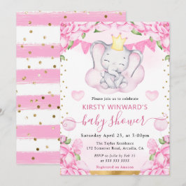 水彩可愛い象&ピンクローゼベビーシャワー 招待状