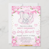 水彩可愛い象&ピンクローゼベビーシャワー 招待状 (正面)