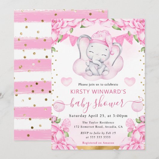 水彩可愛い象&ピンクローゼベビーシャワー 招待状 (正面/裏面)