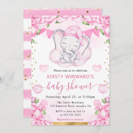 水彩可愛い象&ピンクローゼベビーシャワー 招待状