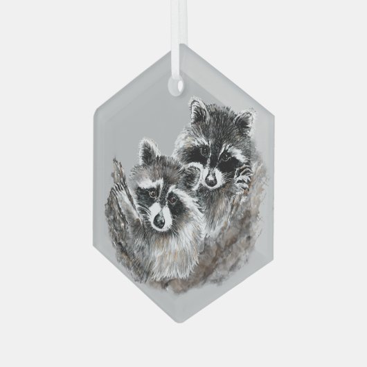水彩可愛い赤ちゃんアライグマの友人や家族 ガラスオーナメント (正面左)