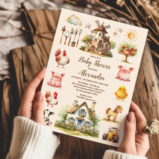 水彩可愛い農業動物納屋周囲の庭赤ちゃんシャワー 招待状