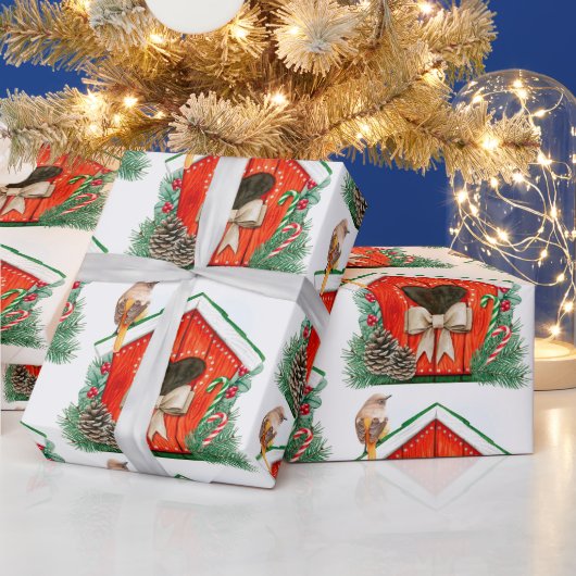 水彩可愛い鳥の家の鳥画 ラッピングペーパー (クリスマス)