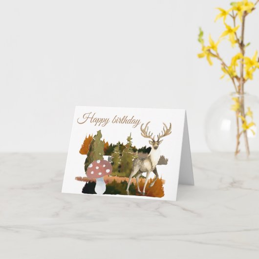 水彩可愛い鹿の森の誕生日 カード (黄色い花)