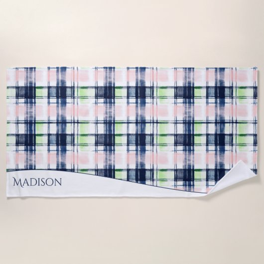 水彩名門私立校風の格子青ピンク名前をカスタムする ビーチタオル (正面)
