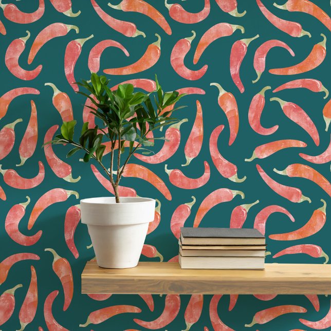 水彩唐辛子赤黒 壁紙 (Hot and spicy watercolor red chili peppers on a dark teal green background. Peel and stick wallpaper)