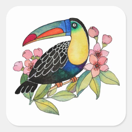 水彩唐鳥（花） スクエアシール (正面)