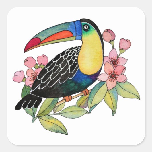 水彩唐鳥（花） スクエアシール (正面)