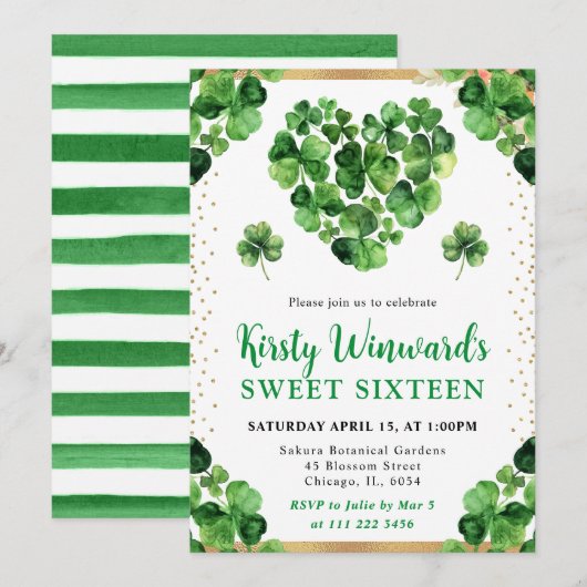 水彩四葉クローバーセントパトリックの甘い16 招待状 (正面/裏面)