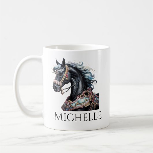 水彩回転木馬馬モノグラムパーソナライズされた コーヒーマグカップ (左)