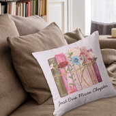 水彩図書花ピンクパープル読ズ引用文 クッション