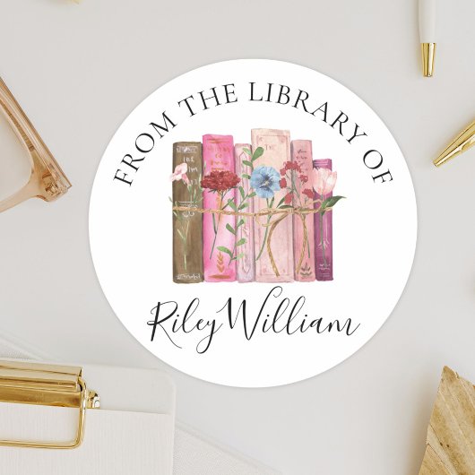 水彩図書花蔵書票シール ラウンドシール