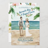 水彩図解入りの、写真付きのビーチ結婚式招待状 招待状 (正面/裏面)