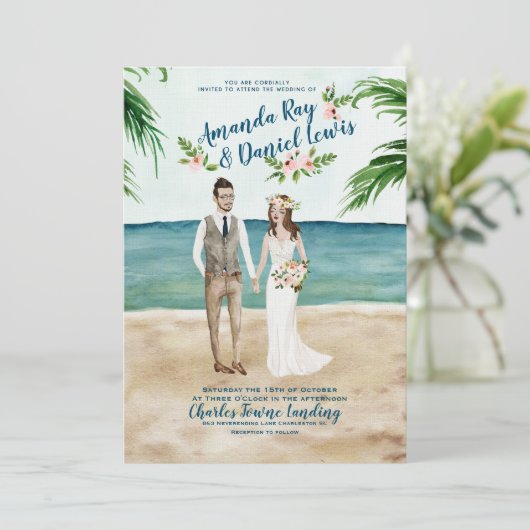 水彩図解入りの、写真付きのビーチ結婚式招待状 招待状 (スタンド正面)