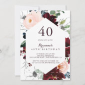 水彩図解入りの、写真付きのフローラ40歳の誕生日パーティー 招待状 (正面)