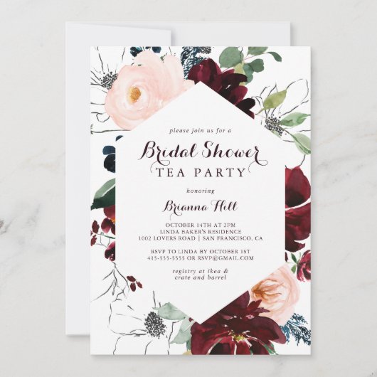 水彩図解入りの、写真付きのブライダルシャワー茶パーティー 招待状 (正面)