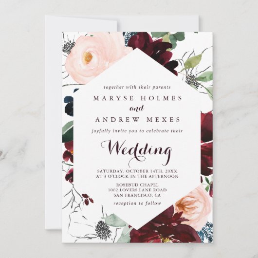 水彩図解入りの、写真付きの秋フロント&バック結婚ズ 招待状 (正面)