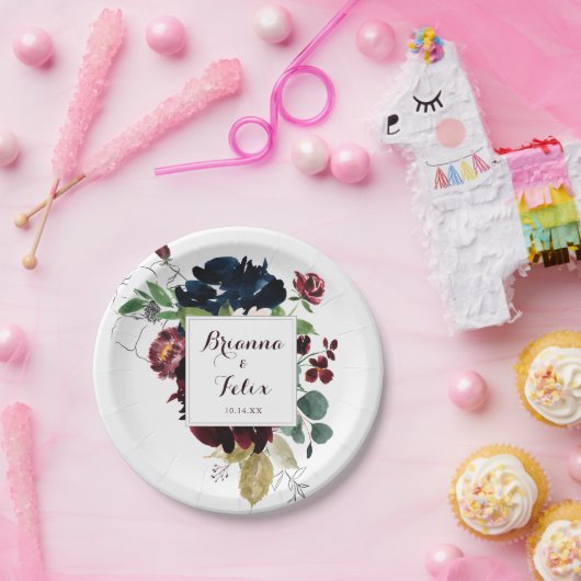 水彩図解入りの、写真付きの秋フローラ結婚ズケーキ ペーパープレート (パーティー)