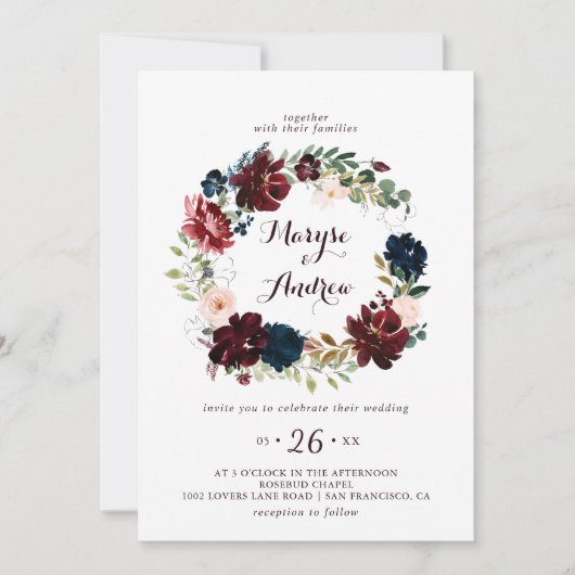 水彩図解入りの、写真付きの秋フローラ結婚リース 招待状 (正面)